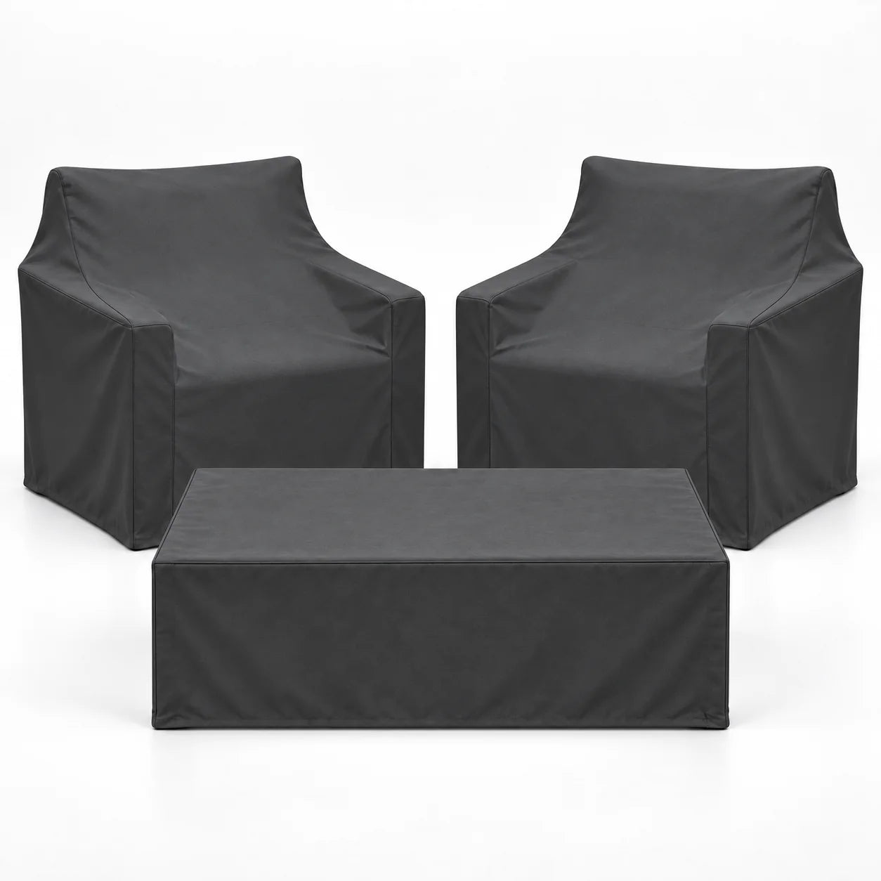Two armchairs and coffee table with fitted rain covers