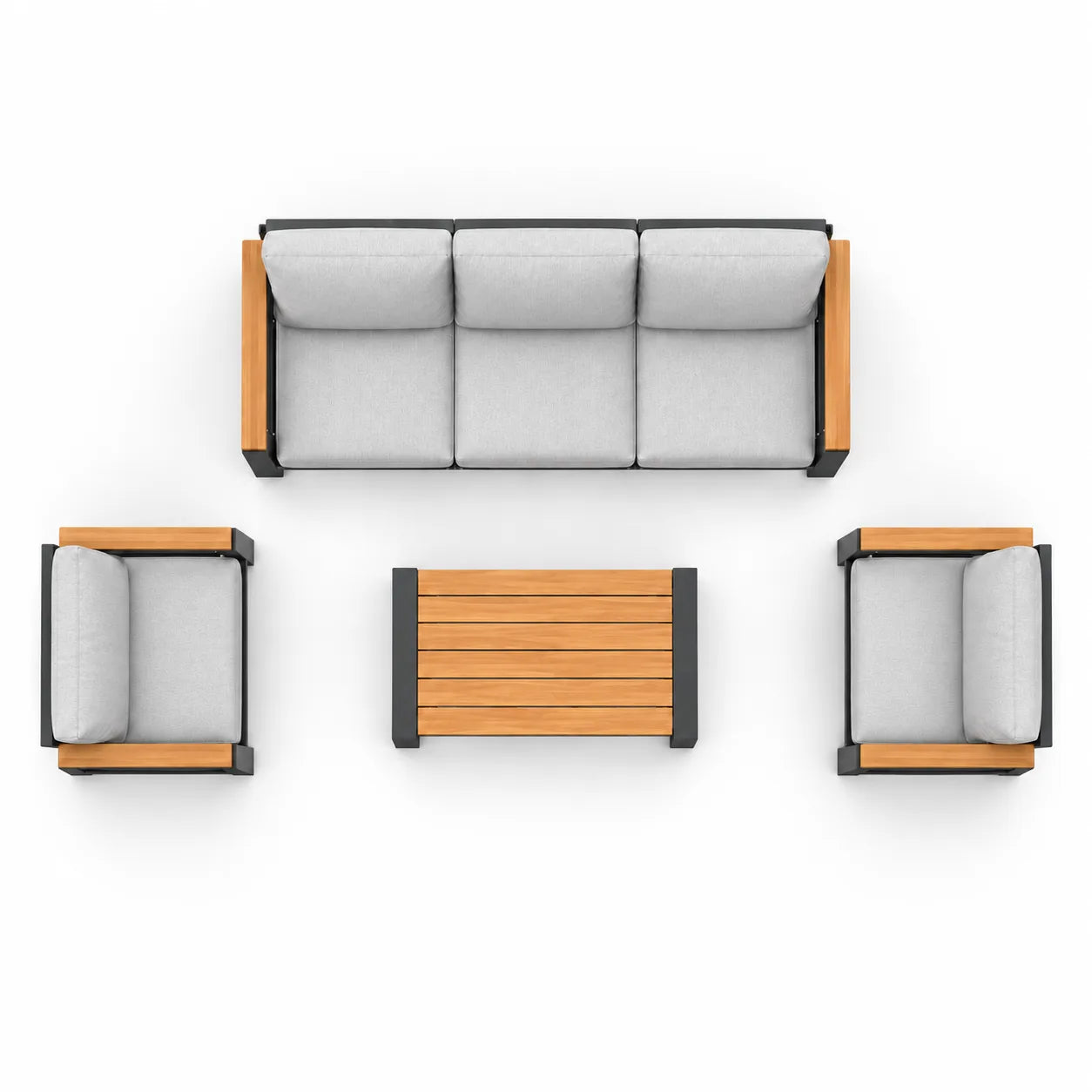 Top view with 3-seat sofa, two armchairs, and matching coffee table