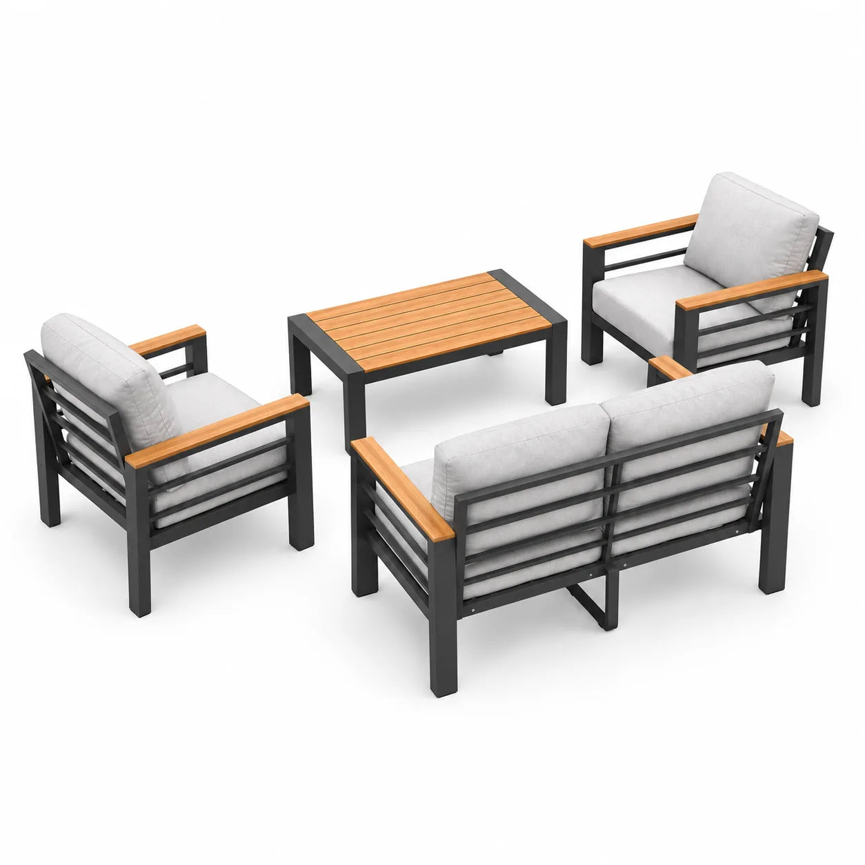 Rear three-quarter view with loveseat, two armchairs, and coffee table