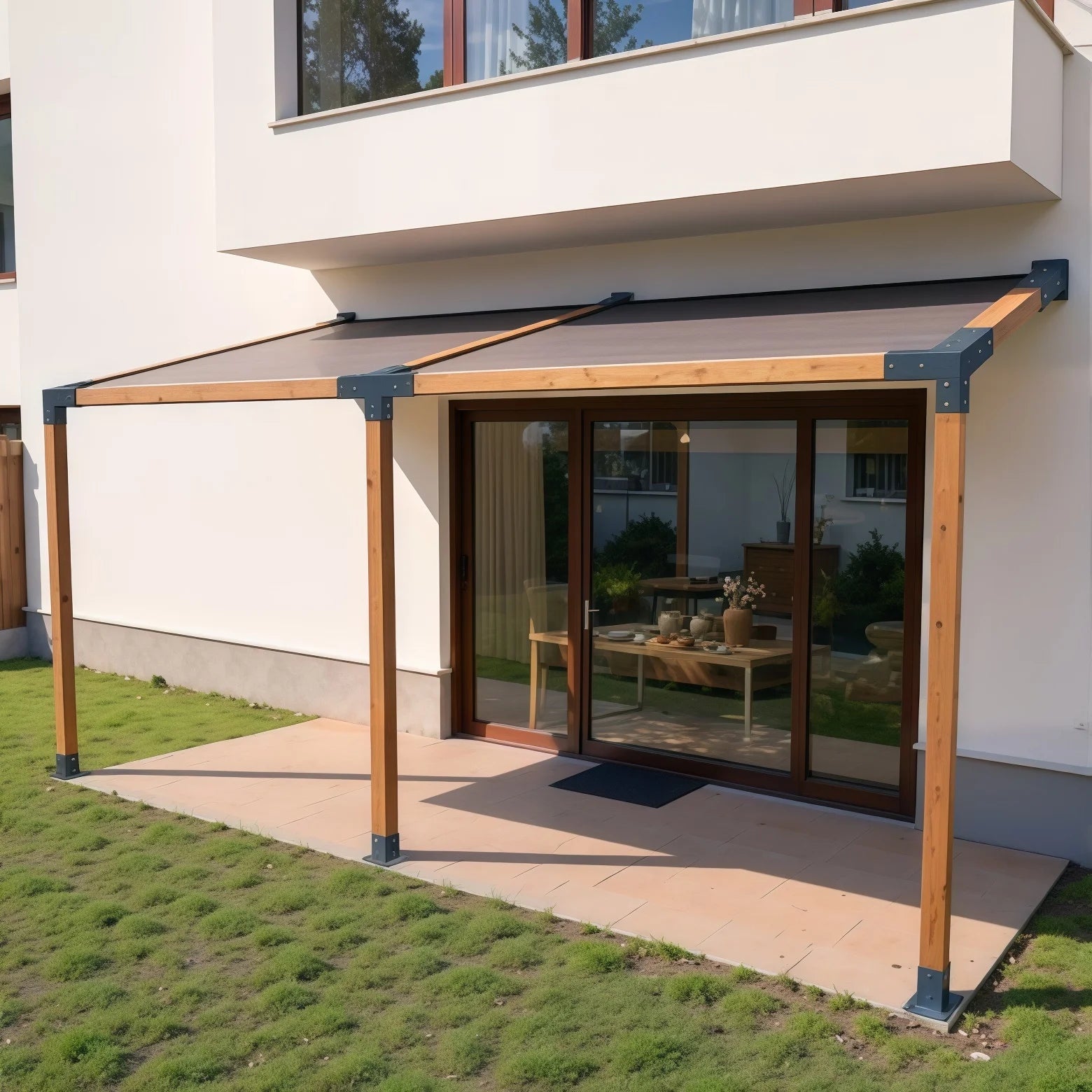 Wall mounted pergola bracket kit for patio, made of galvanized steel and 4x4 wood posts.