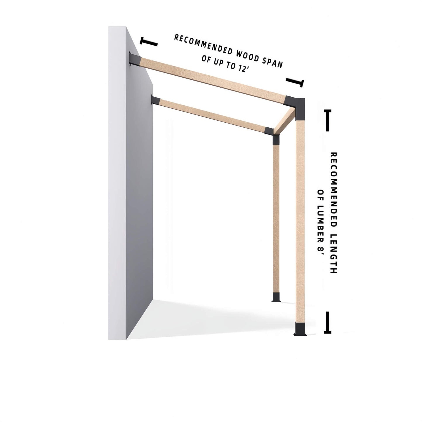 Side view diagram of wall mounted pergola bracket kit showing recommended wood span and post height.