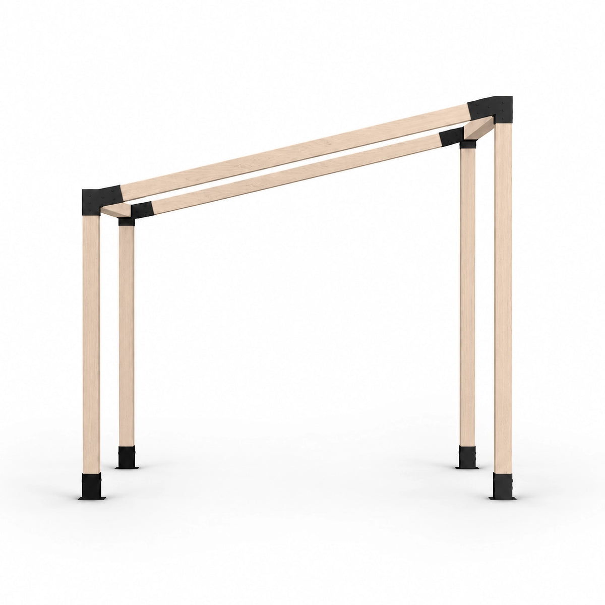 Sloped Roof Pergola Kit for 4x4 Wood Posts – assembled frame view (spec: 4x15deg_3way_4base)