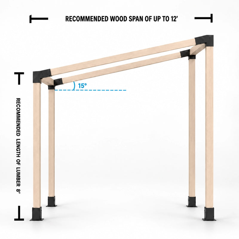 Sloped Roof Pergola Kit for 4x4 Wood Posts – 15° slope and span diagram
