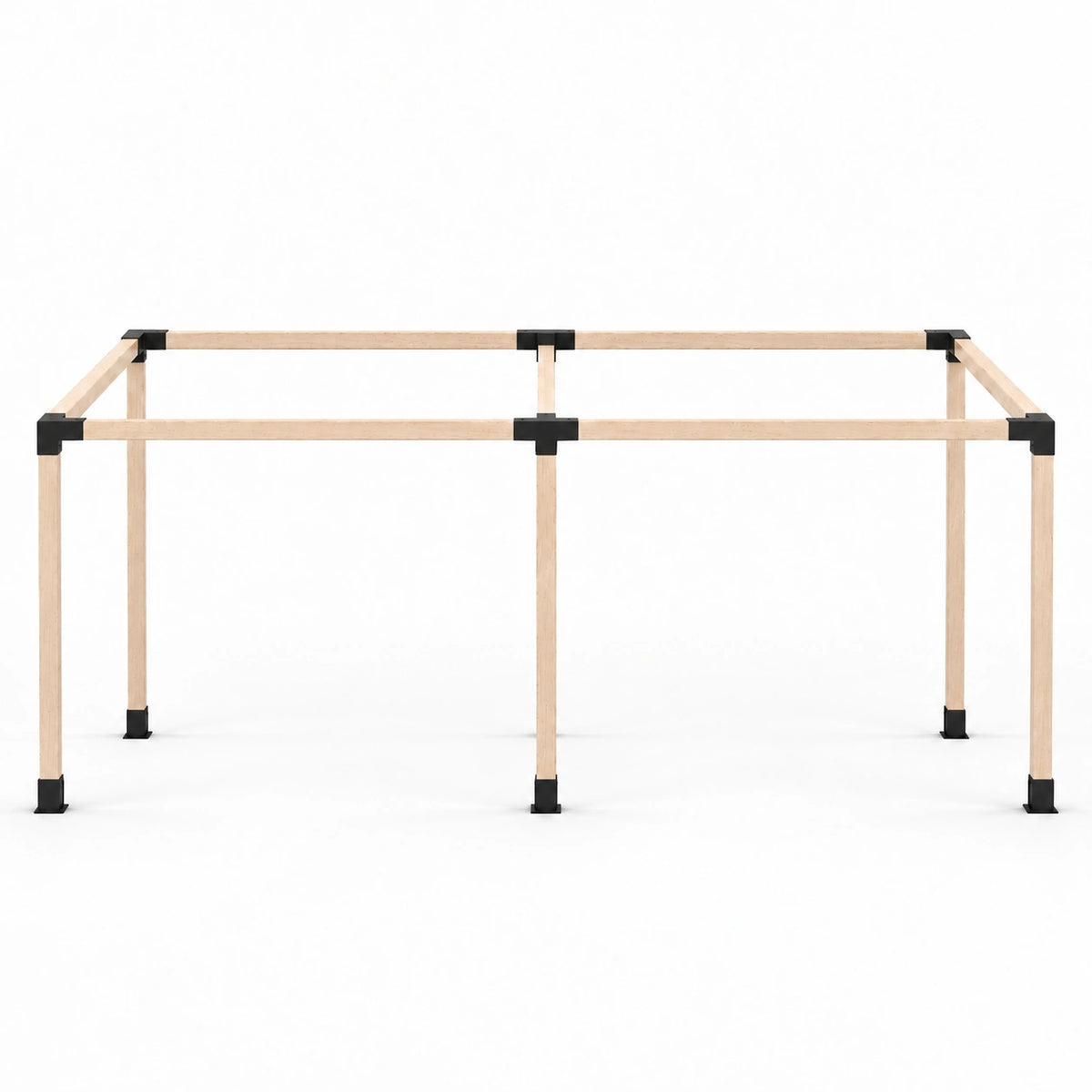 Front view of an assembled double-bay wooden pergola frame built with a 15-degree sloped-roof bracket kit, showing black connectors and post bases.