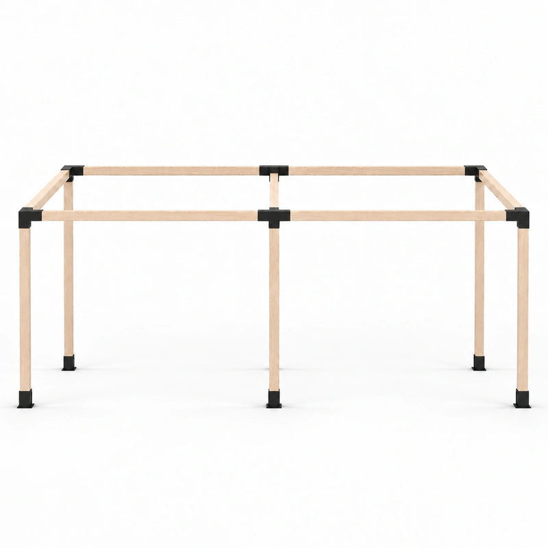 Front view of an assembled double-bay wooden pergola frame built with a 15-degree sloped-roof bracket kit, showing black connectors and post bases.
