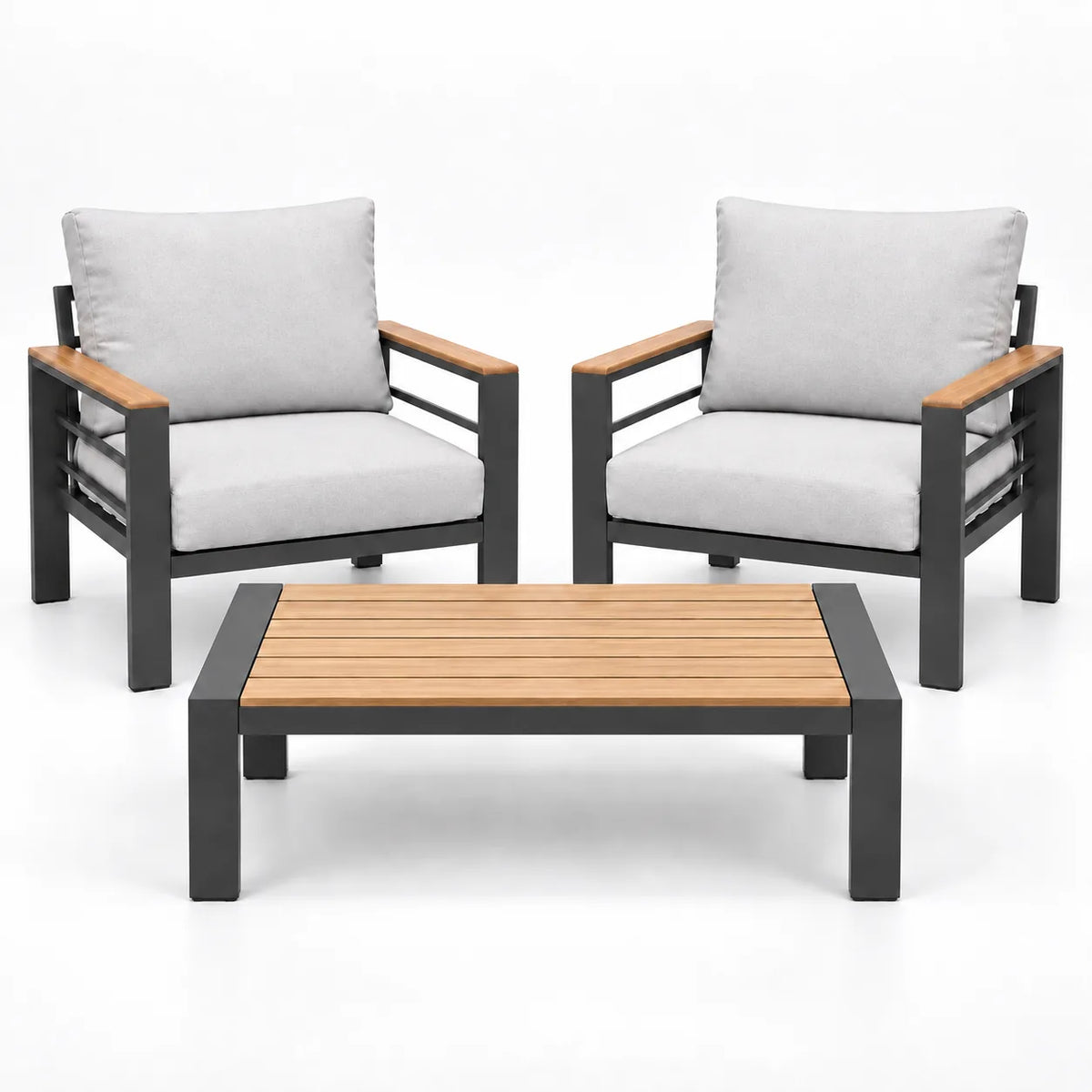 Two outdoor sofa chairs with matching coffee table, gray cushions, black frame, and wood-look armrests