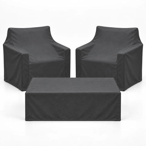 Two armchairs and coffee table with fitted rain covers