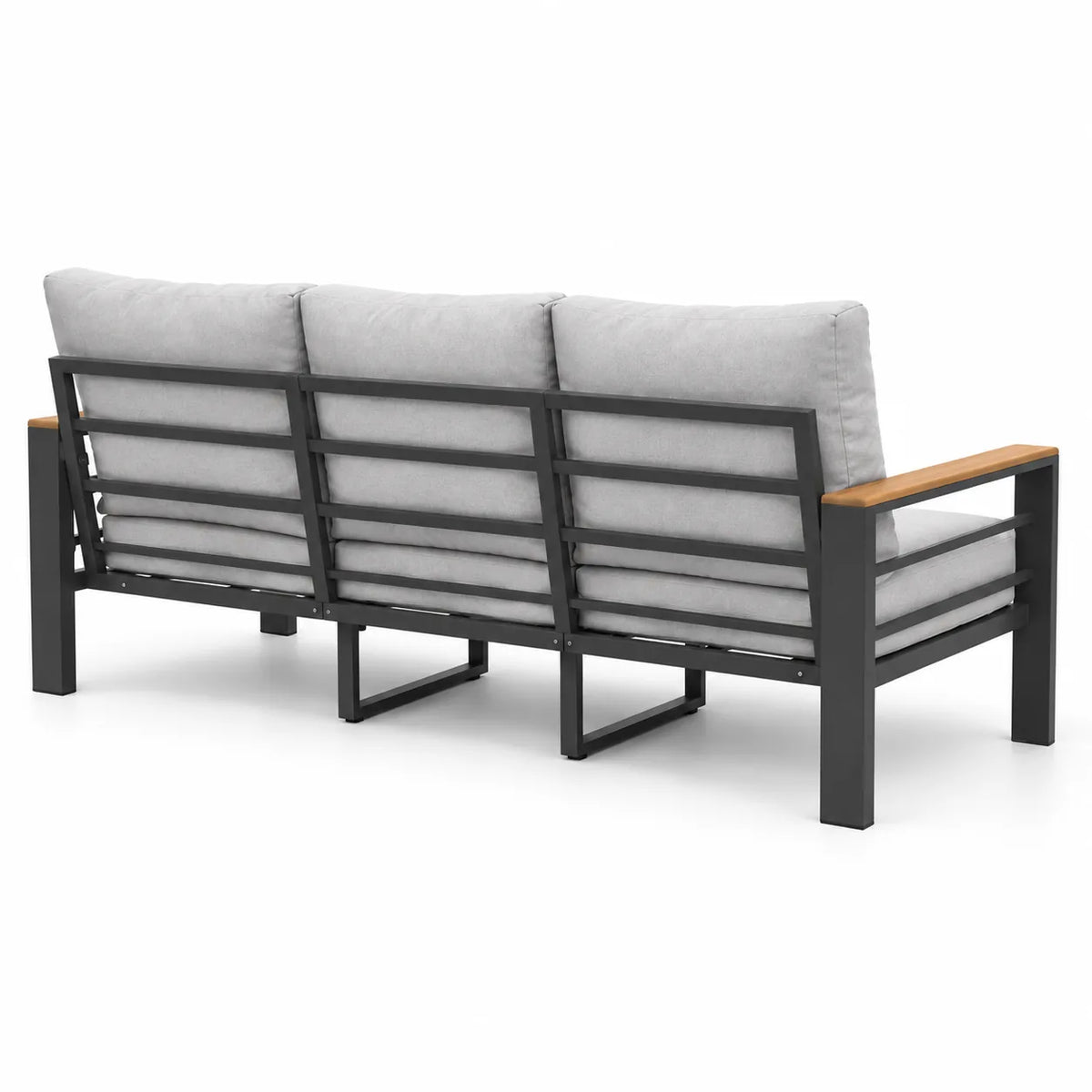 Rear view of an outdoor aluminum patio 3-seat sofa showing the aluminum back frame and support legs