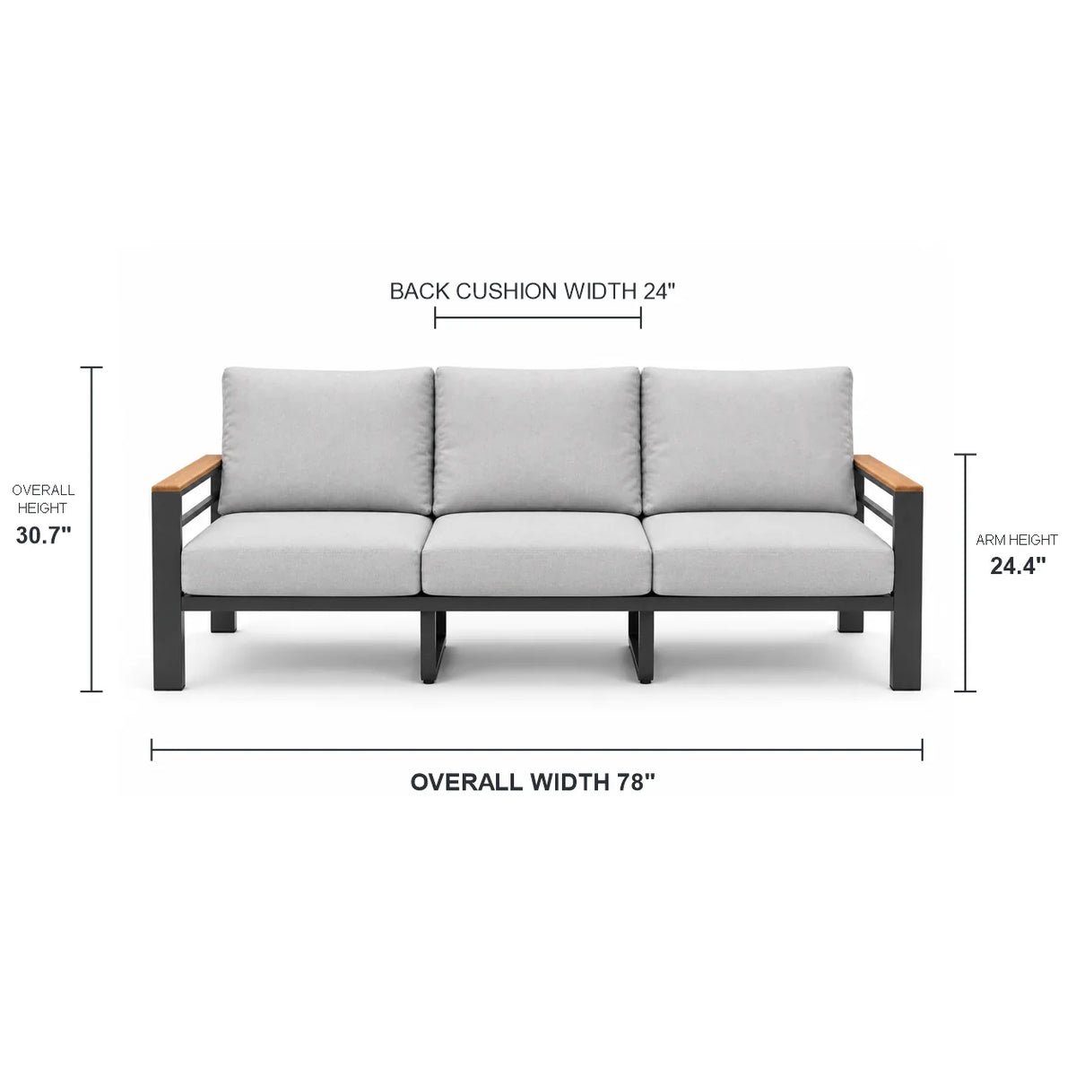 3-seat outdoor sofa front dimensions showing 78 inch width, 30.7 inch height, 24.4 inch arm height, and 24 inch back cushion width