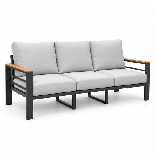 Outdoor aluminum patio 3-seat sofa with light gray cushions and WPC armrests, front three-quarter view