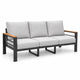 Outdoor aluminum patio 3-seat sofa with light gray cushions and WPC armrests, front three-quarter view