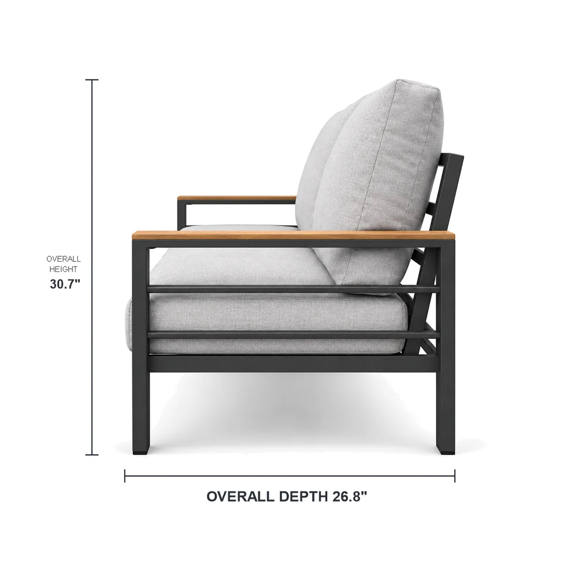3-seat outdoor sofa side dimensions showing 26.8 inch depth and 30.7 inch overall height