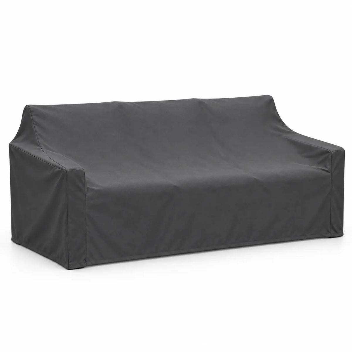 Fitted black Oxford rain cover with securing ties for an outdoor patio 3-seat sofa