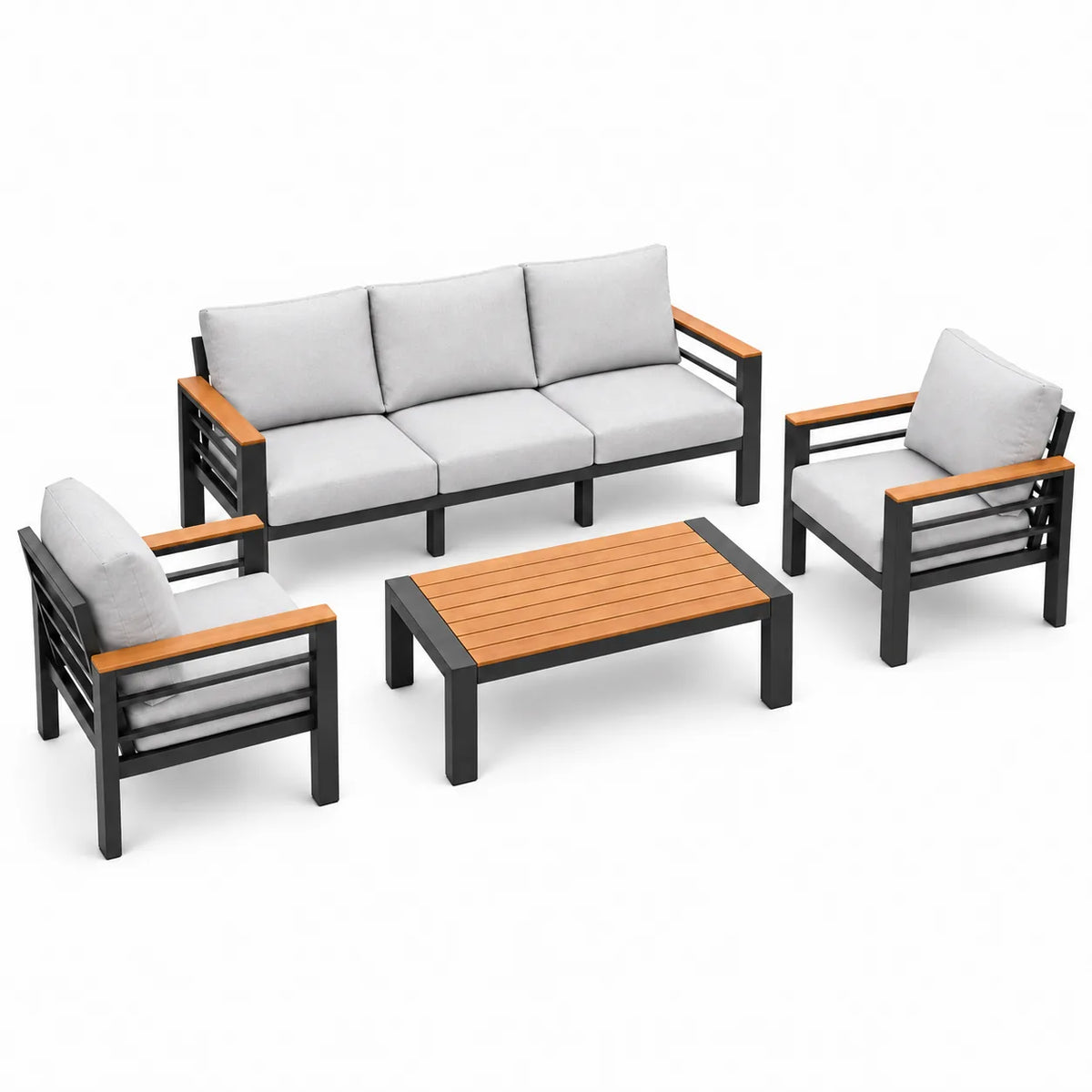 4-piece outdoor sofa set angled side view with 3-seat sofa, two chairs, gray cushions, black frame, and wood-look coffee table