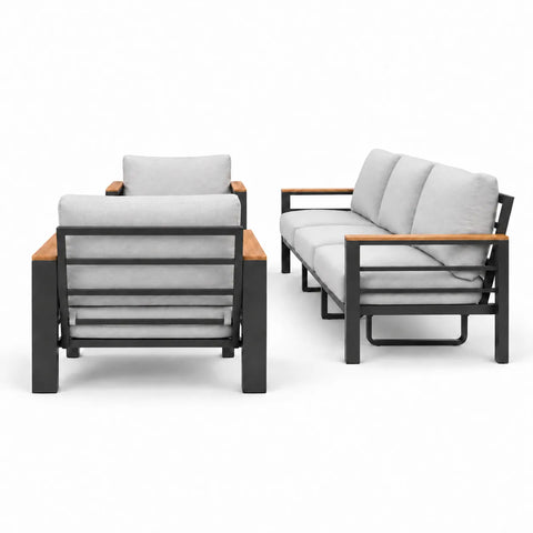 Side view with 3-seat sofa, two armchairs, and matching coffee table