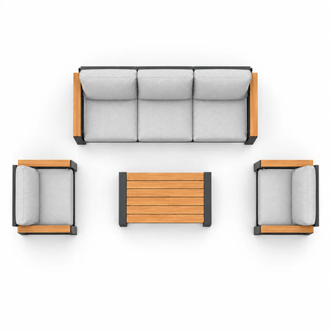 Top view with 3-seat sofa, two armchairs, and matching coffee table