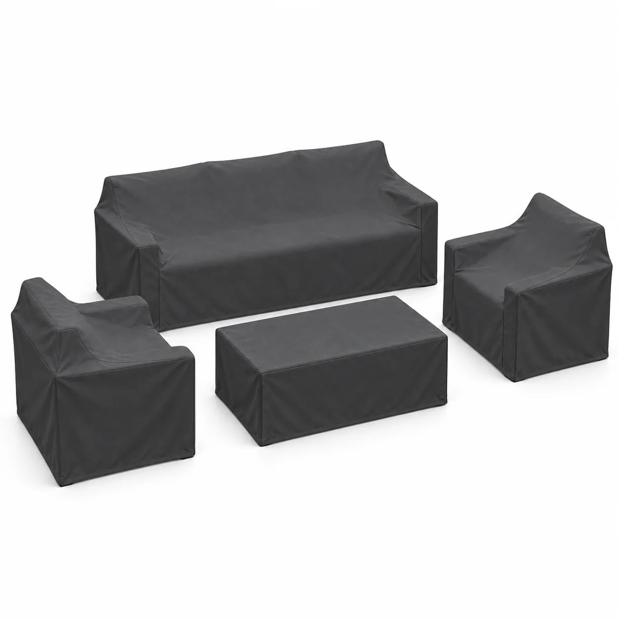 3-seat sofa, two armchairs, and coffee table with fitted rain covers