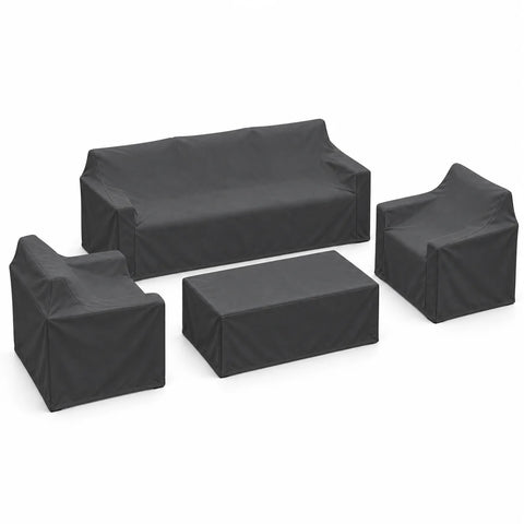 3-seat sofa, two armchairs, and coffee table with fitted rain covers