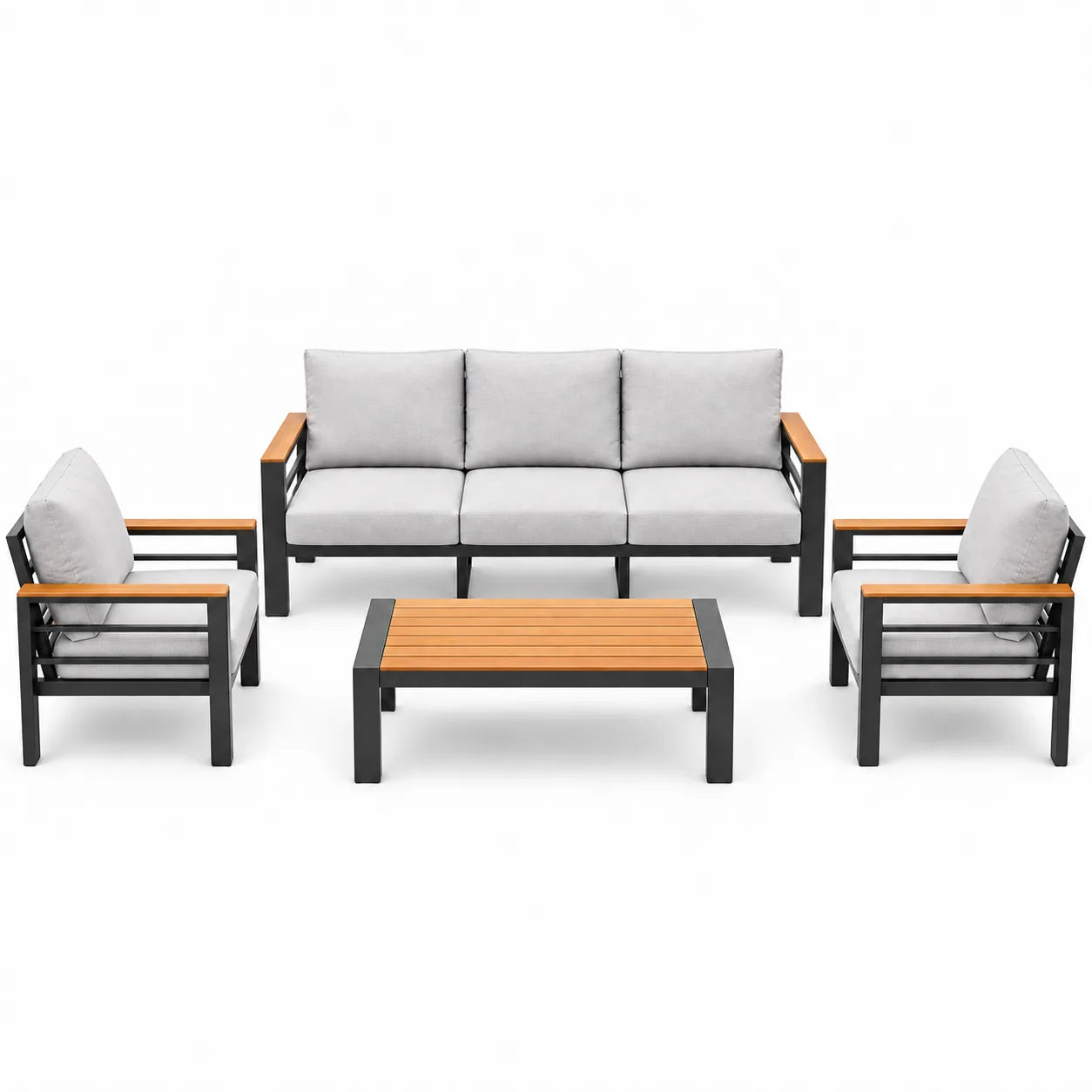 Front view with 3-seat sofa, two armchairs, and matching coffee table