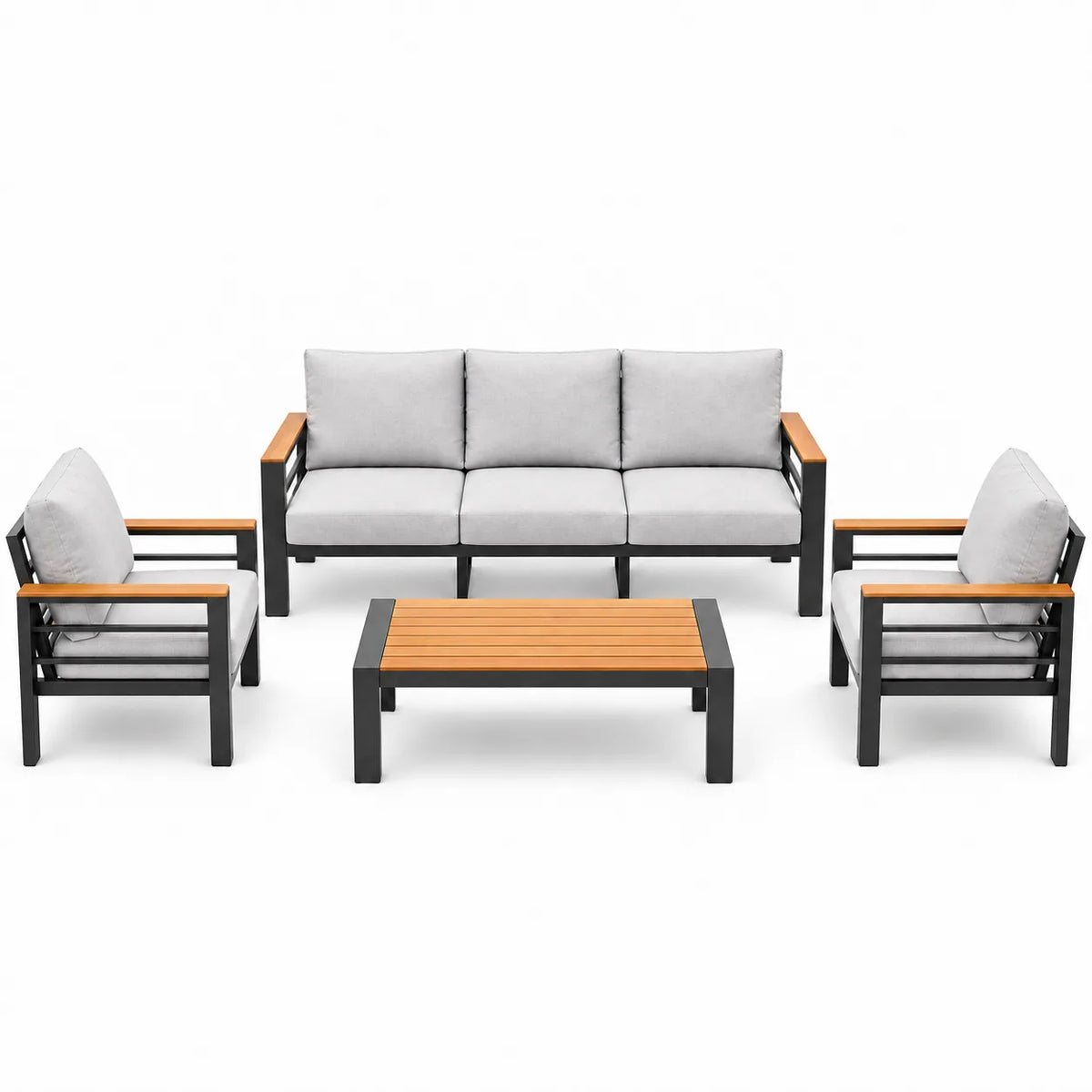 4-piece outdoor sofa set front view with 3-seat sofa, two chairs, gray cushions, and matching coffee table
