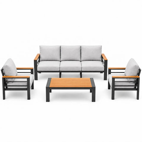 Front view with 3-seat sofa, two armchairs, and matching coffee table