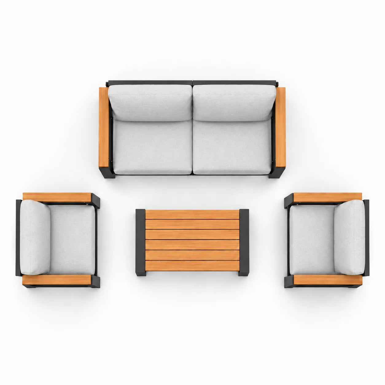 Top view of loveseat, two armchairs, and coffee table