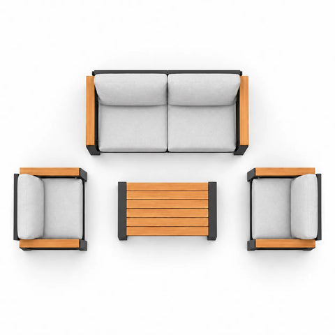 Top view of loveseat, two armchairs, and coffee table
