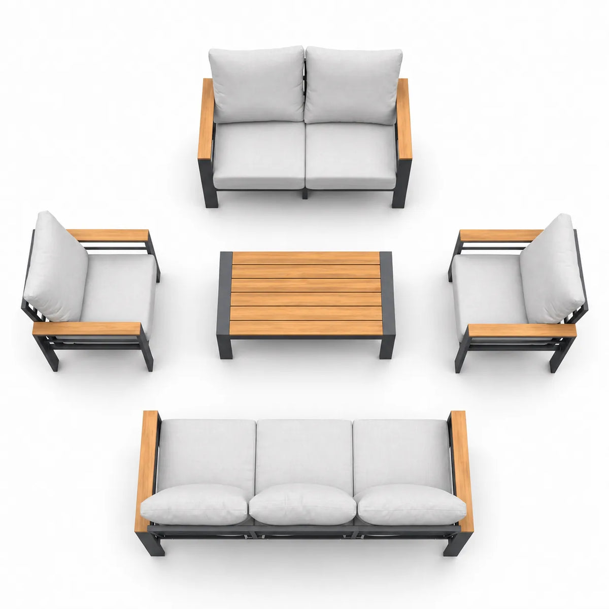 5-piece outdoor sofa set top view with gray cushions and matching coffee table