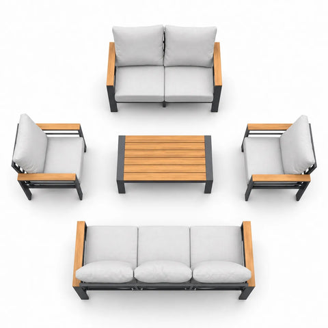 Top view of 3-seat sofa, loveseat, two armchairs, and matching coffee table