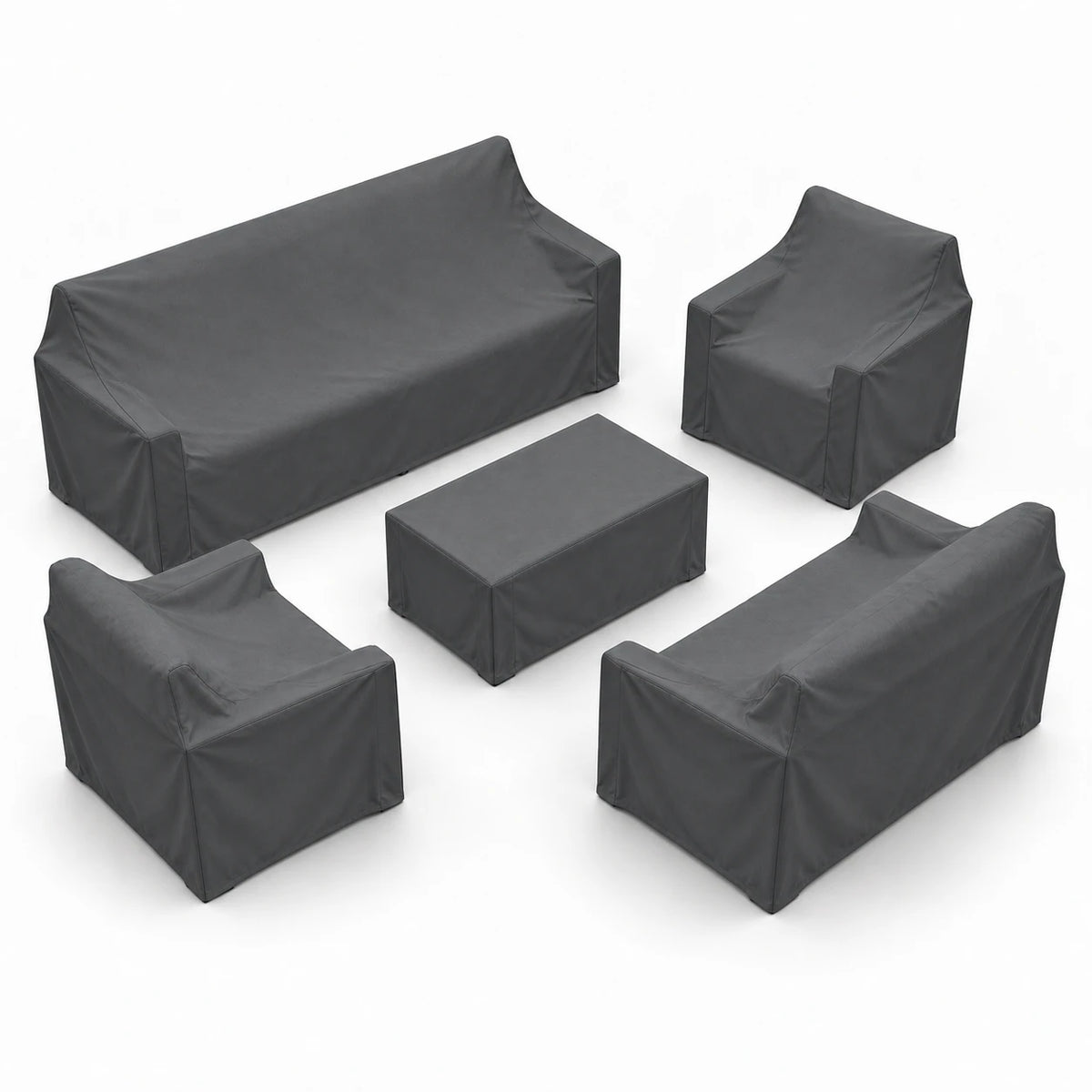 5-piece outdoor sofa set with dark gray waterproof covers and matching coffee table cover