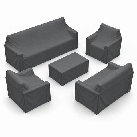 3-seat sofa, loveseat, two armchairs, and coffee table with fitted rain covers