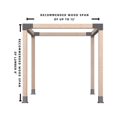 6x6 pergola bracket kit dimension guide showing recommended wood span of up to 12 feet and 8 feet posts, rust resistant steel brackets for DIY pergola installation.