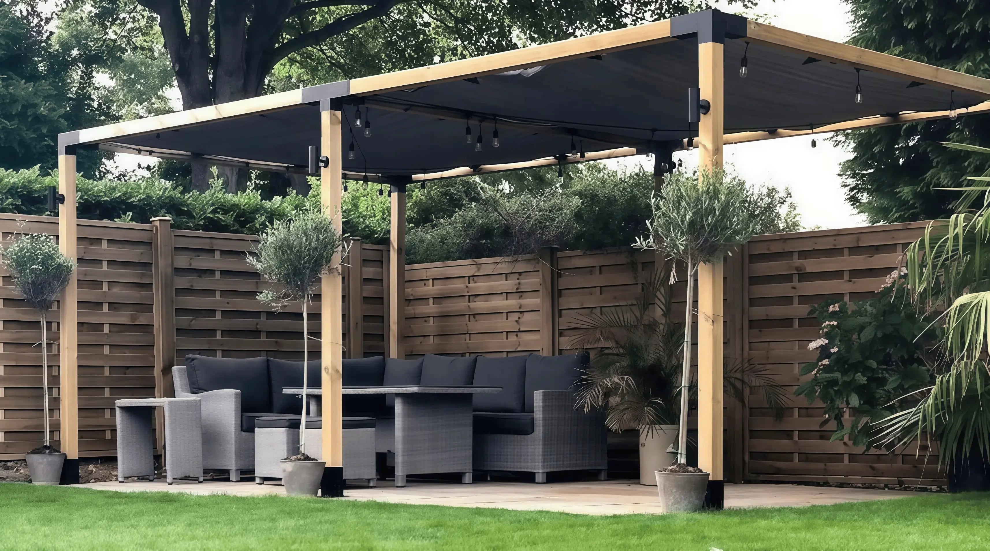 DIY backyard pergola built with galvanized steel brackets and 4x4 wood posts.