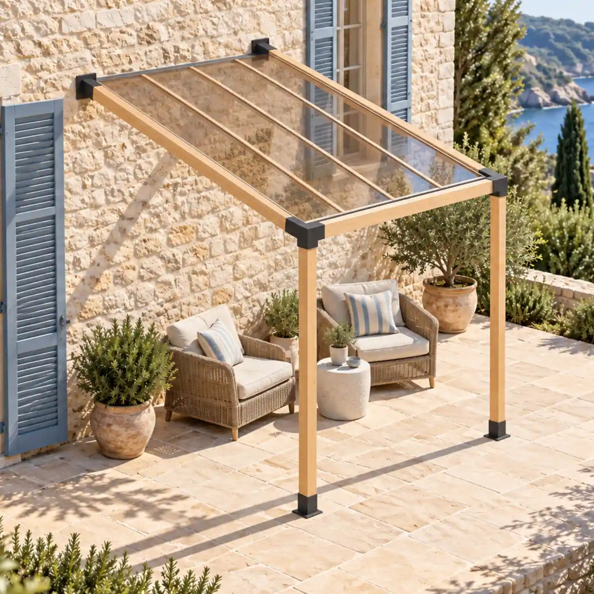 Wooden pergola with a transparent roof shading two wicker chairs on a coastal stone terrace.