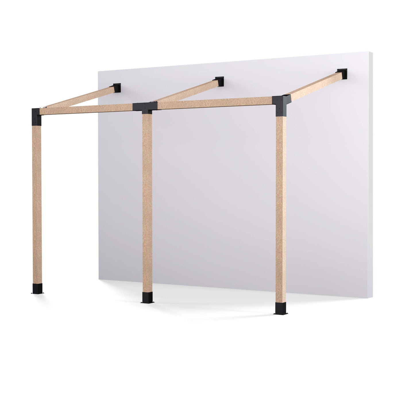 Double wall mounted pergola bracket kit designed for backyard patios and outdoor dining.