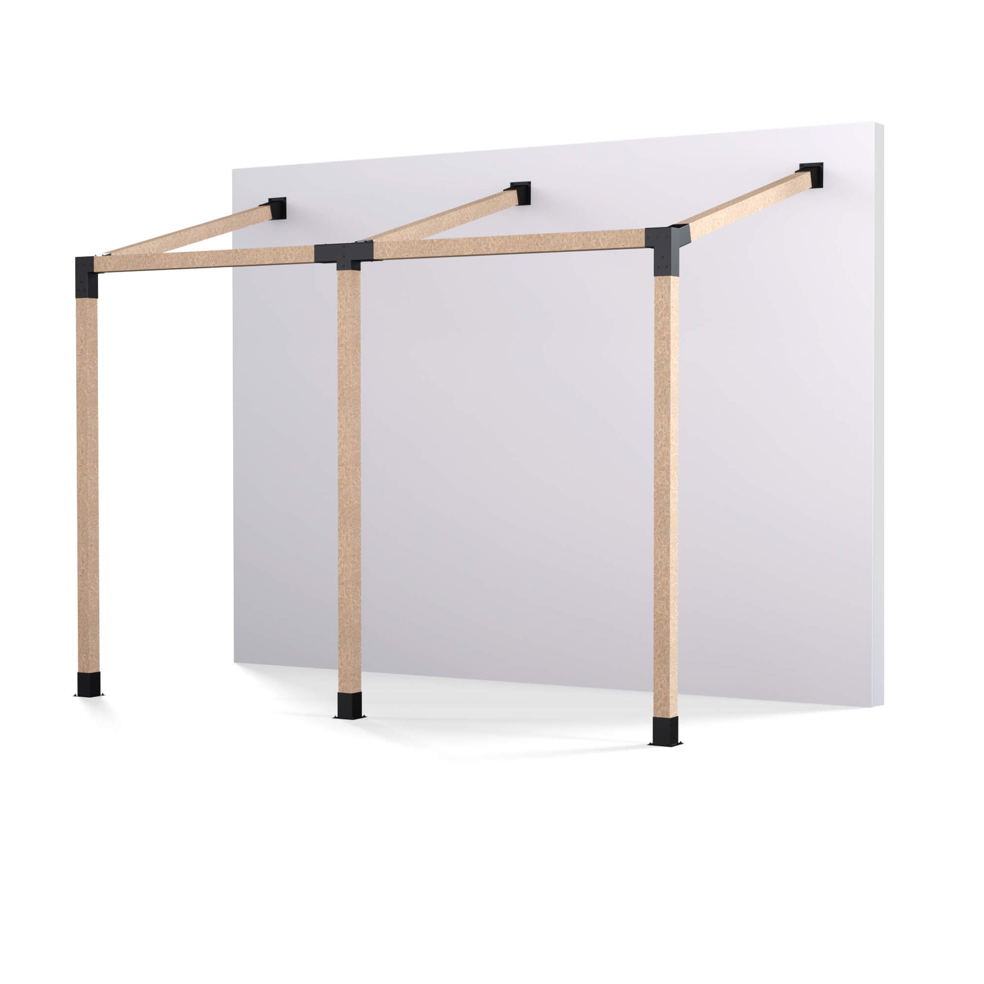 Double wall mounted pergola bracket kit designed for backyard patios and outdoor dining.