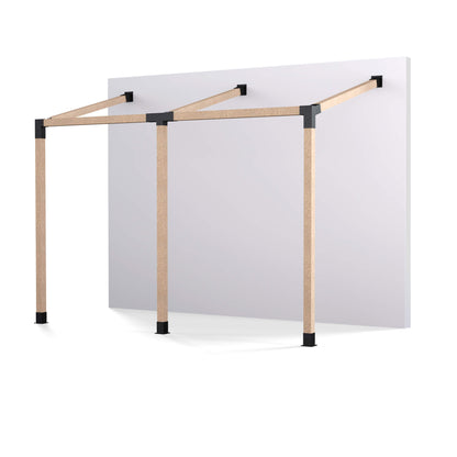 Double wall mounted pergola bracket kit designed for backyard patios and outdoor dining.