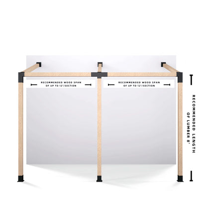 Diagram of double wall pergola bracket kit with recommended 8 foot posts and 12 foot beams.