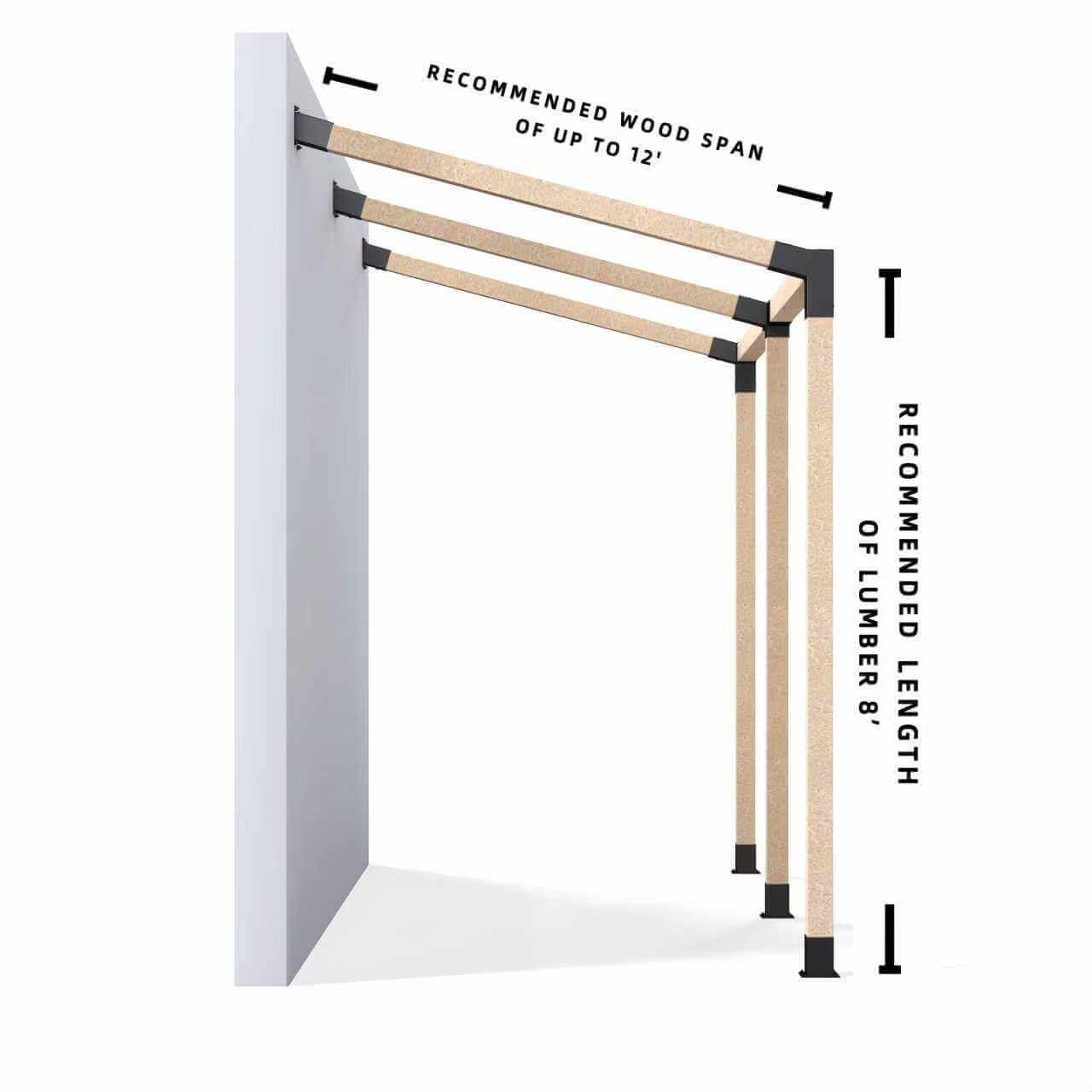 Side view diagram of wall mounted pergola bracket kit with multiple beams showing recommended wood span and post height.