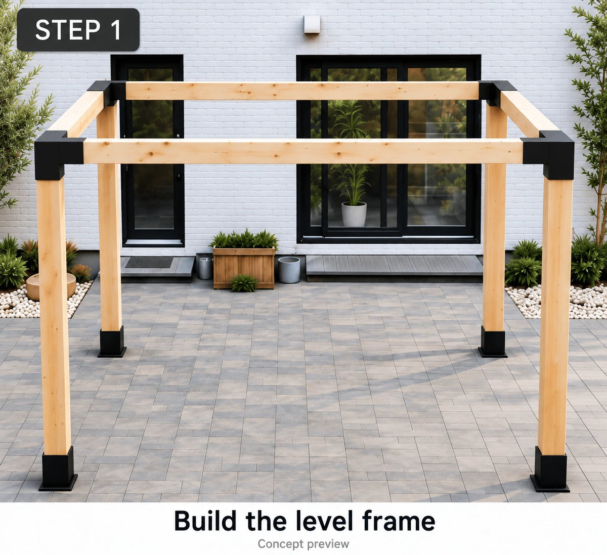 Level four-post pergola frame with 6x6 timber posts and black steel brackets, before adding a sloped roof.