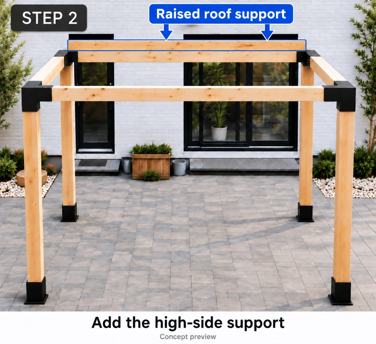 Extra timber support secured above one side of a level pergola frame to create the roof height difference.