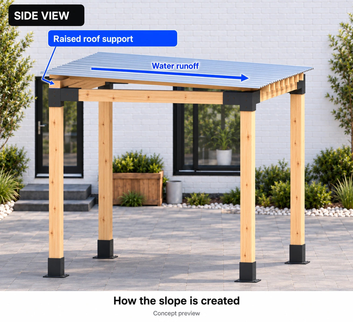 Side view of a 6x6 timber pergola showing the raised roof support, sloped rafters and water runoff direction.