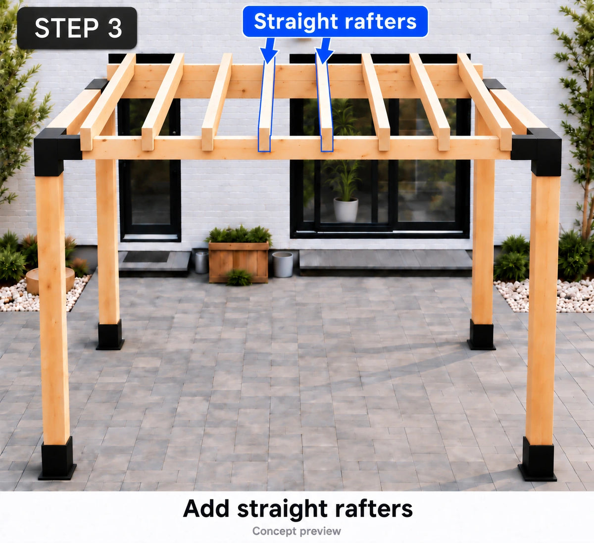 Evenly spaced straight timber rafters seated on the high and low supports of a sloped pergola roof.