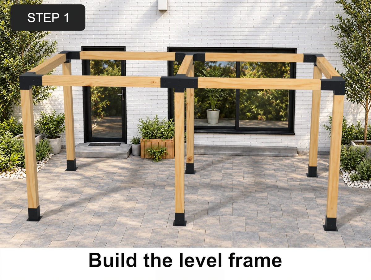Level six-post double pergola frame with 6x6 timber posts and black steel brackets before adding a sloped roof.
