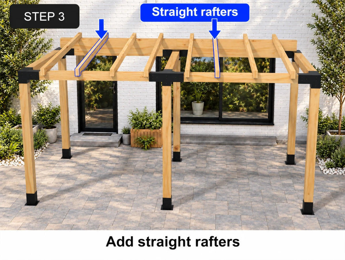 Straight timber rafters resting on the high and low roof supports across a six-post double pergola.