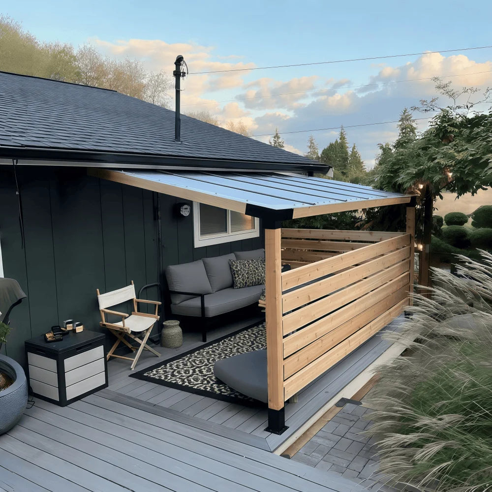 Modern patio pergola built with pergola bracket kit featuring privacy wall design