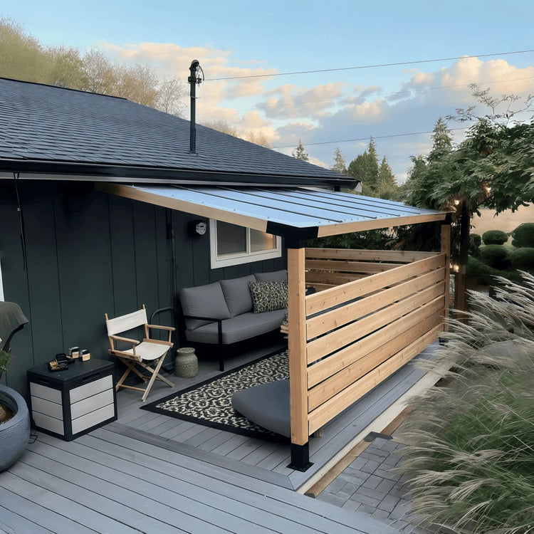 Modern patio pergola built with pergola bracket kit featuring privacy wall design