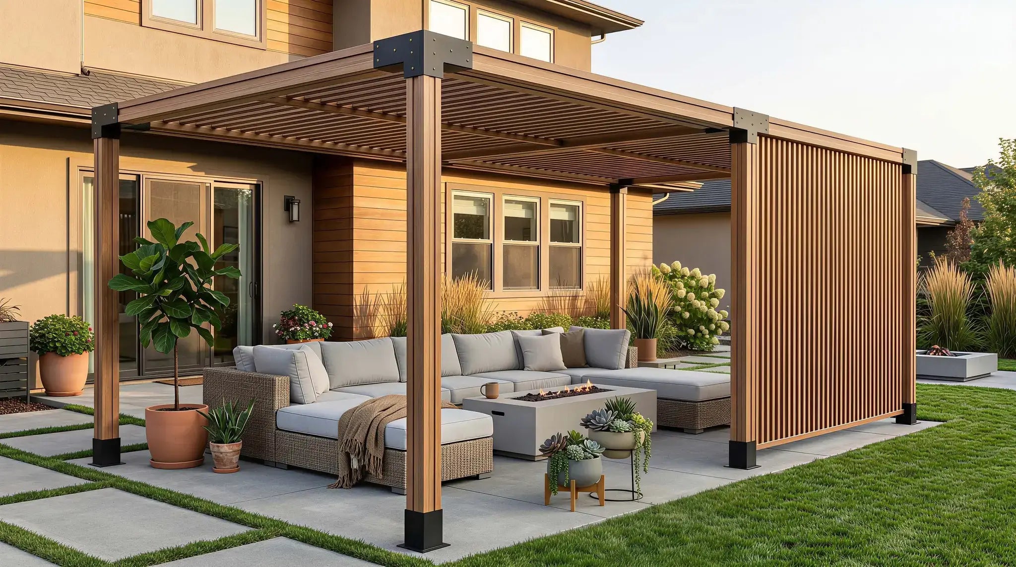 Modern wood slat pergola kit with outdoor sofa and fire pit on backyard patio