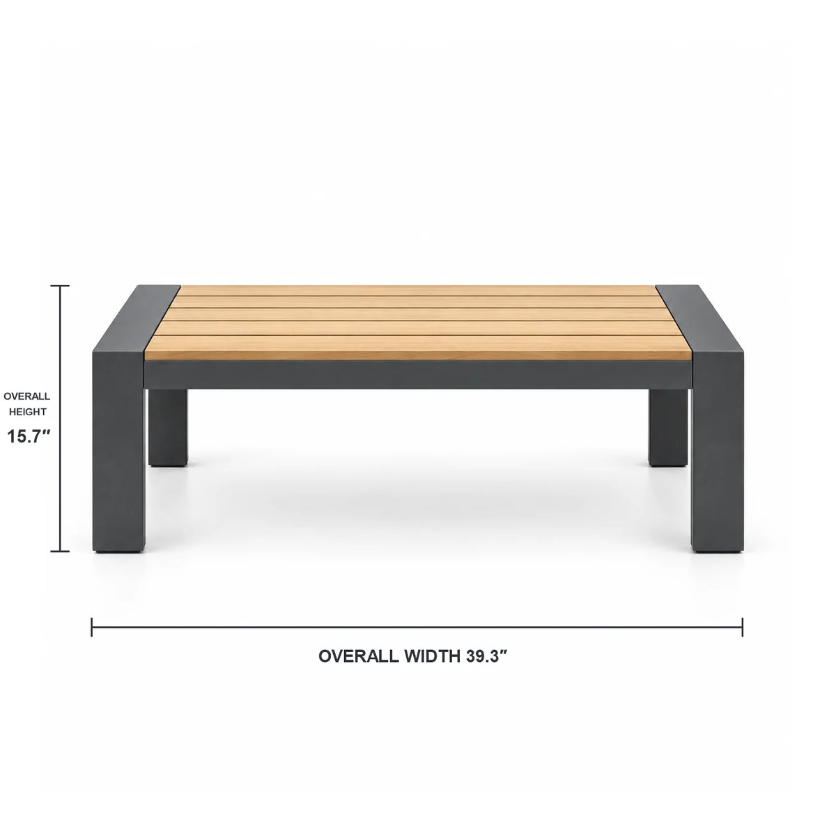 Front dimensions of outdoor aluminum patio coffee table: 39.3 in. W x 15.7 in. H