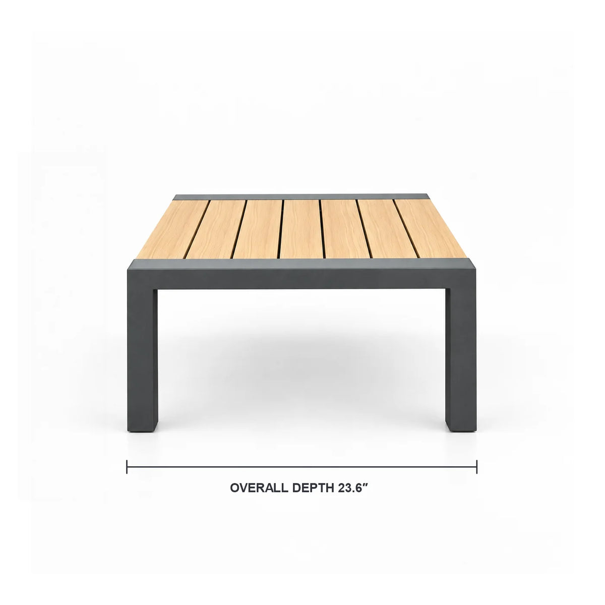 Side dimensions of outdoor aluminum patio coffee table: 23.6 in. D x 15.7 in. H
